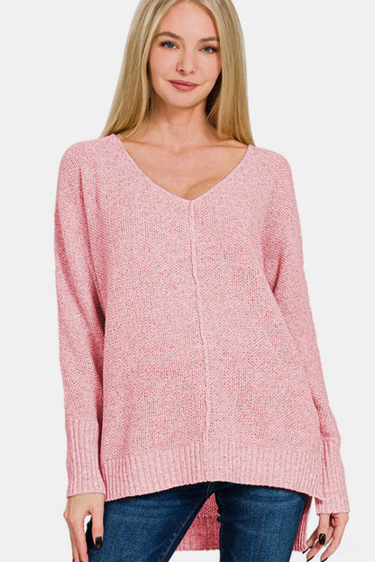 Pink High-Low Center Seam V-Neck Sweater