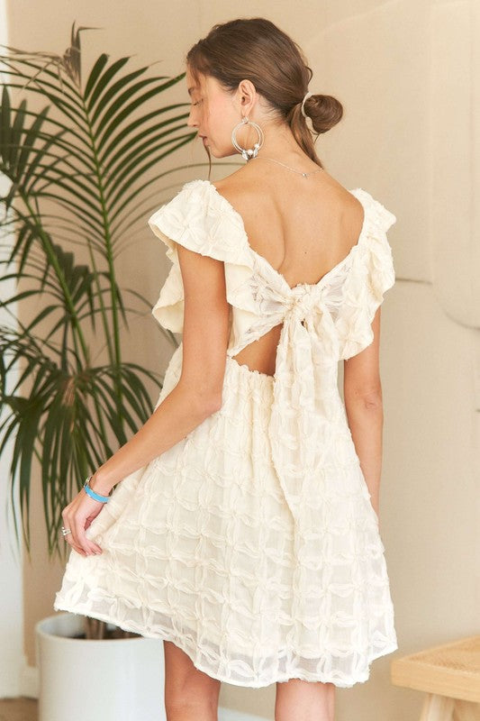 Ivory Tie Back V-Neck Ruffle Sleeve Dress