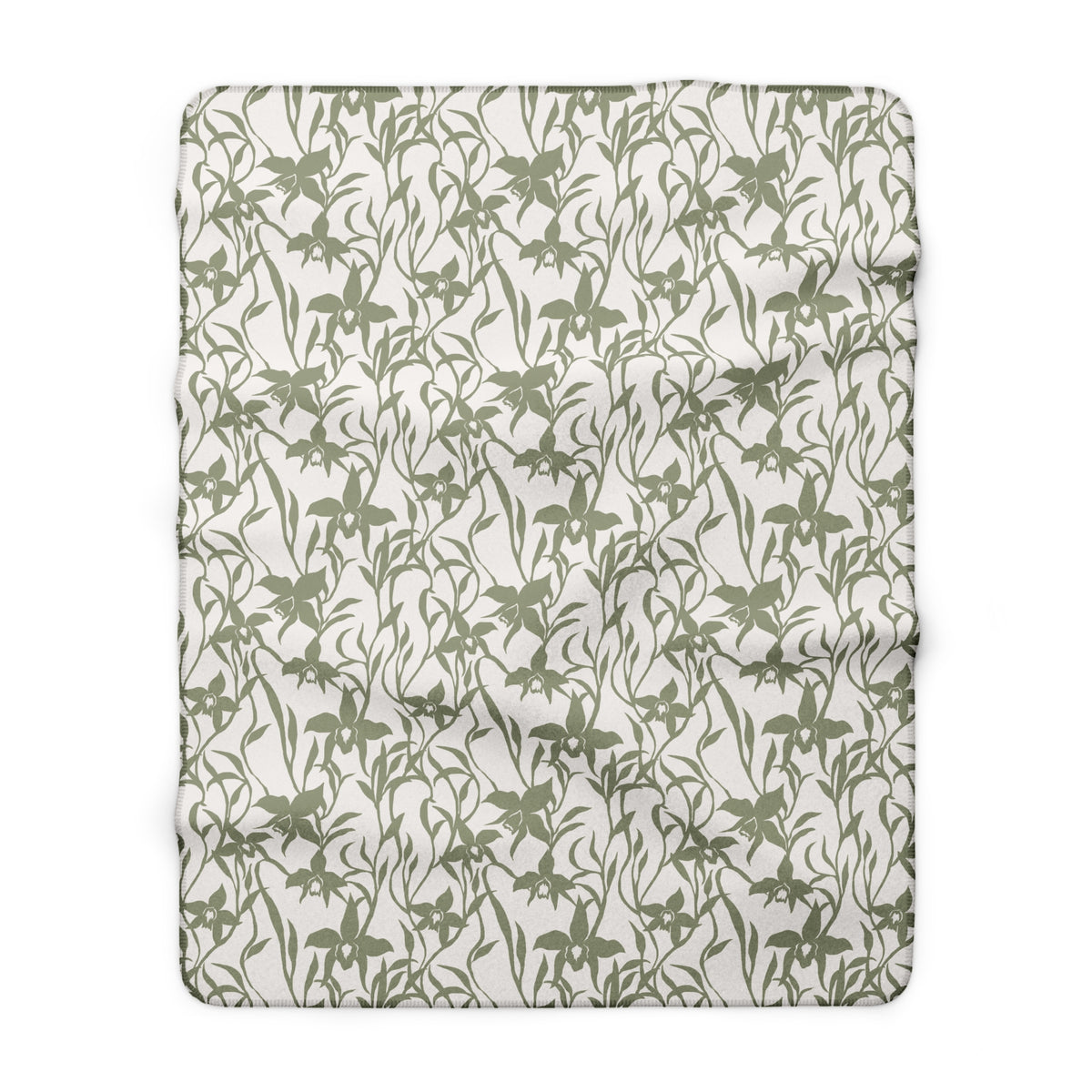 Sage green orchid-and-leaf print sherpa fleece blanket with a warm white background and rounded corners.