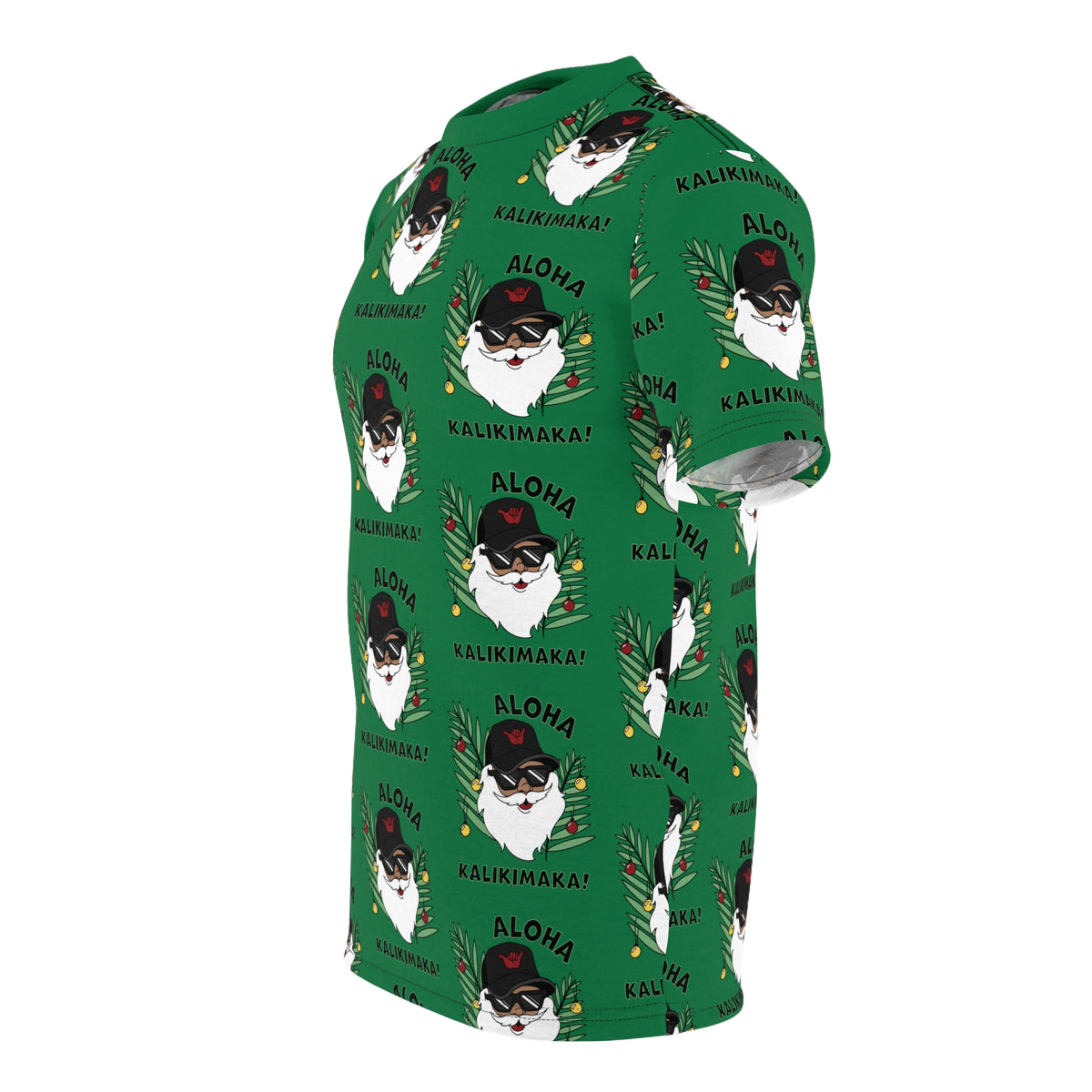 Green Aloha Kalikimaka Hawaiian Christmas tee with all-over Santa, tropical leaves and holiday ornament print