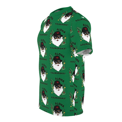 Green Aloha Kalikimaka Hawaiian Christmas tee with all-over Santa, tropical leaves and holiday ornament print