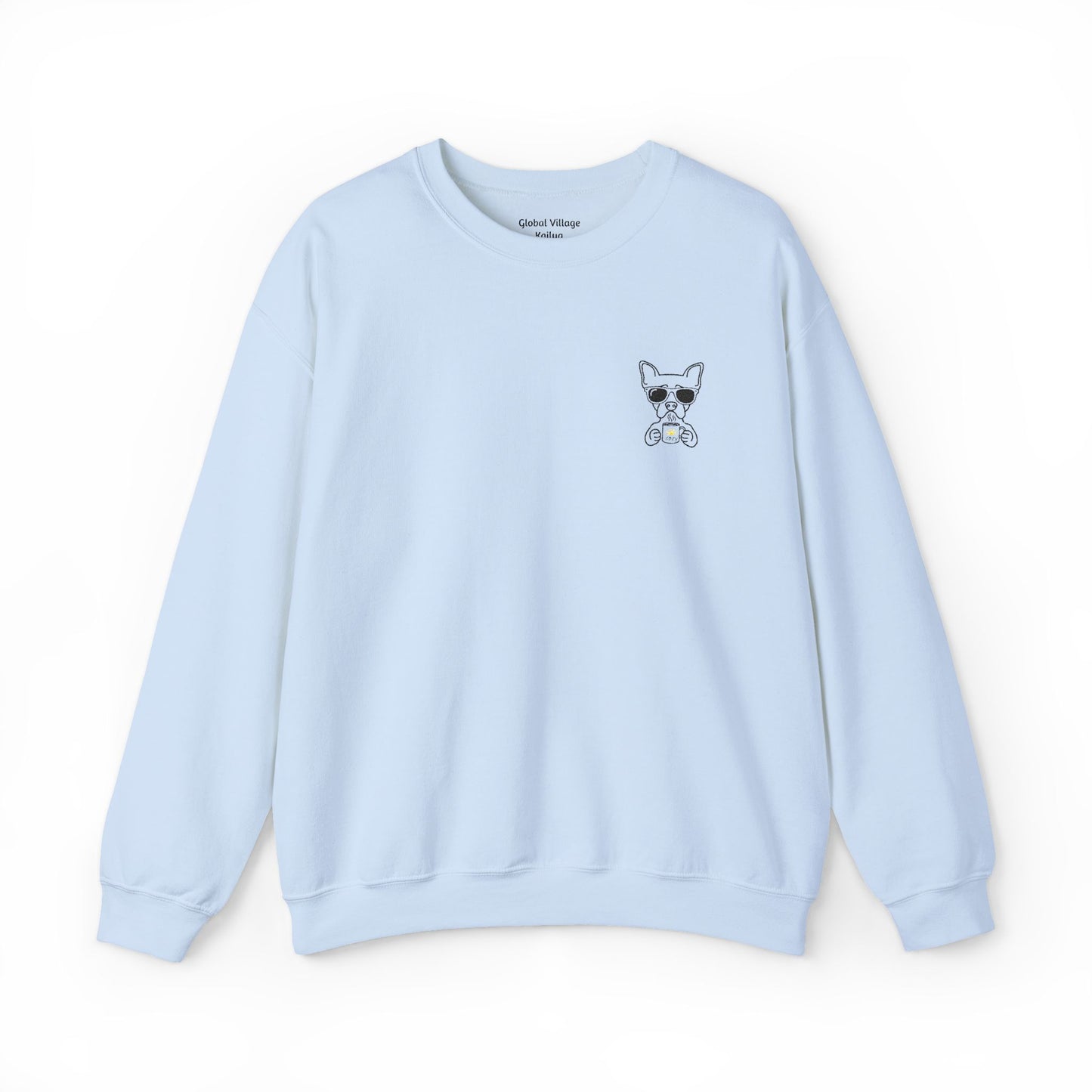 A light blue crewneck sweatshirt featuring a small graphic of a French Bulldog wearing sunglasses on the left chest, displayed on a clean white background.