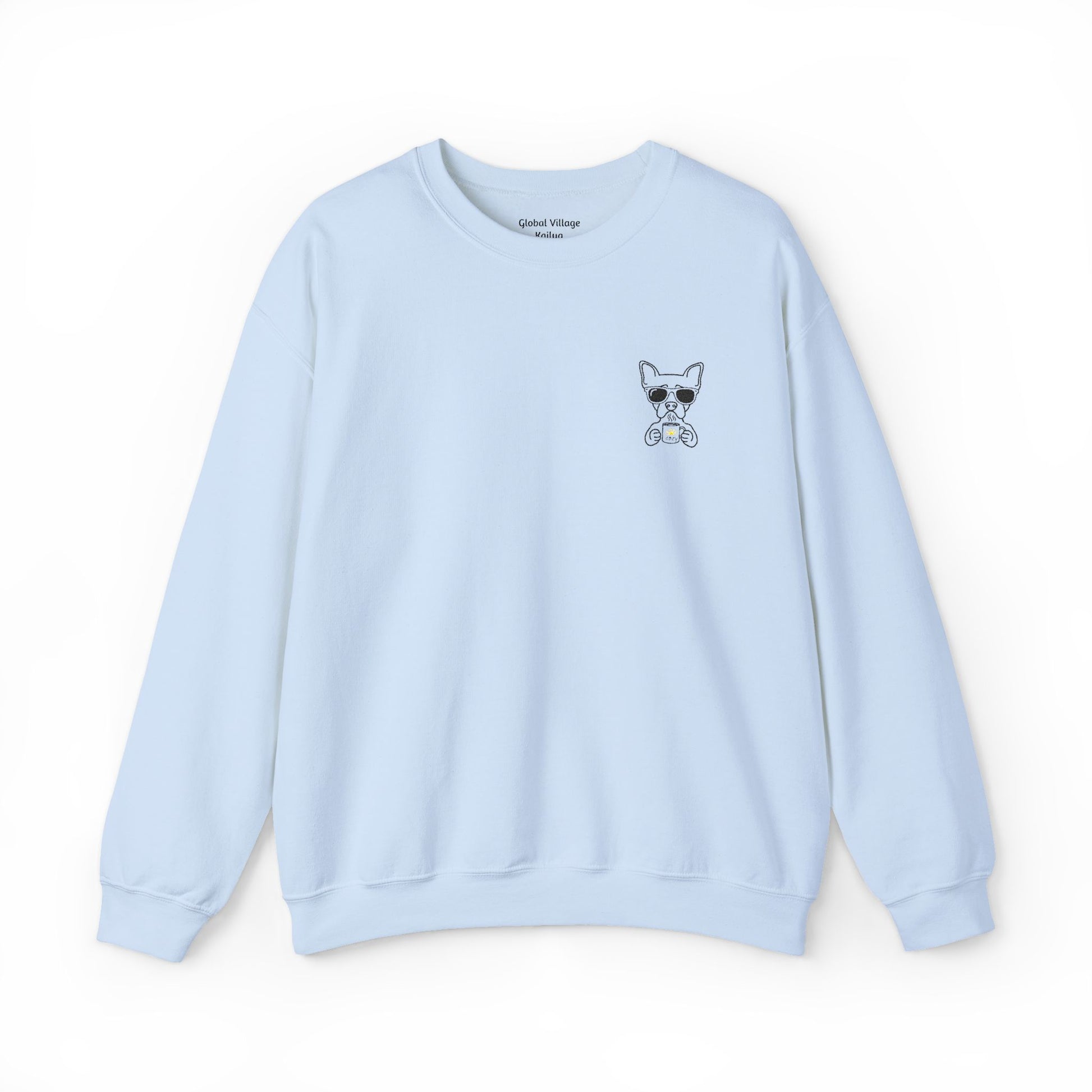 A light blue crewneck sweatshirt featuring a small graphic of a French Bulldog wearing sunglasses on the left chest, displayed on a clean white background.