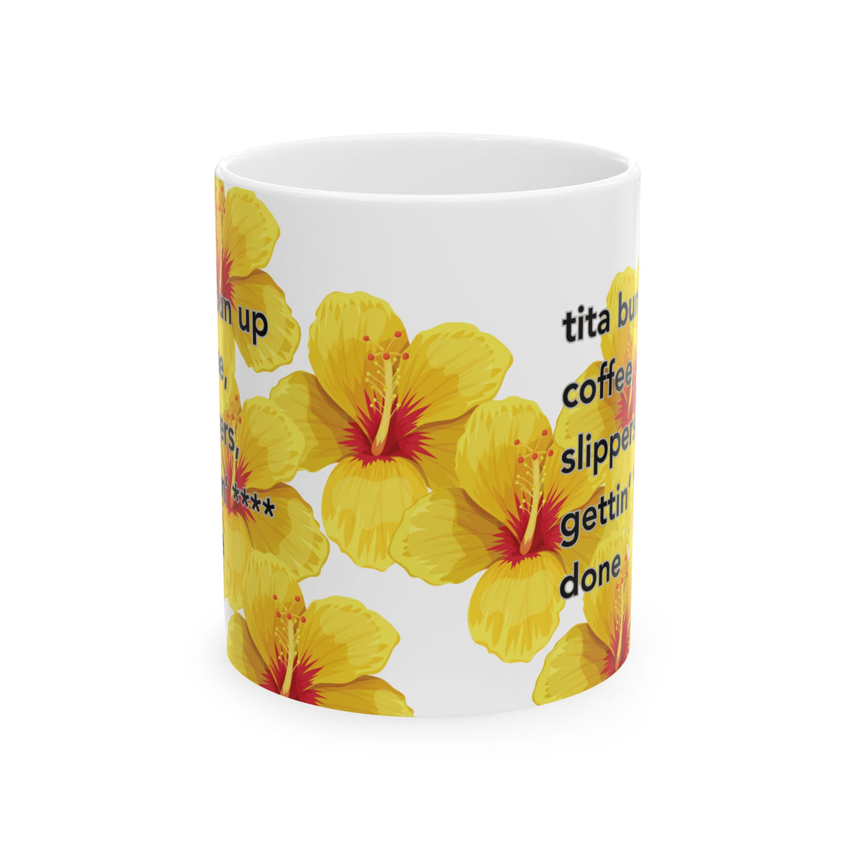 Tita Bun coffee mug with yellow hibiscus design by Global Village Kailua