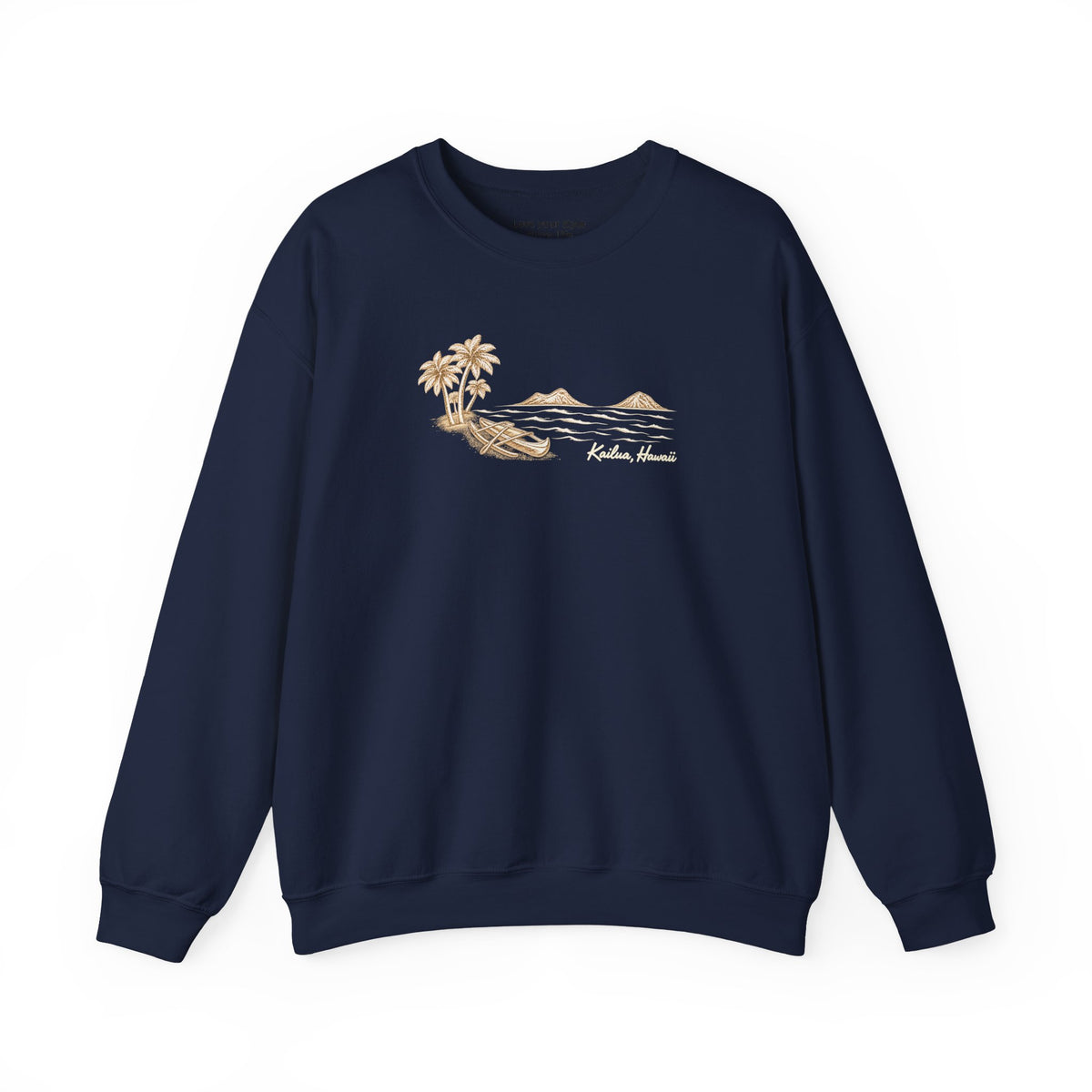 Reverse hand-drawn Kailua canoe and Mokulua Islands unisex navy sweatshirt with ivory and tan artwork