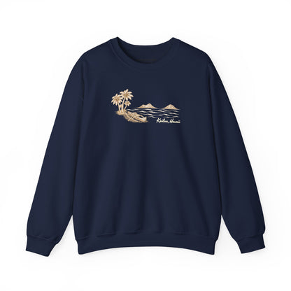 Reverse hand-drawn Kailua canoe and Mokulua Islands unisex navy sweatshirt with ivory and tan artwork
