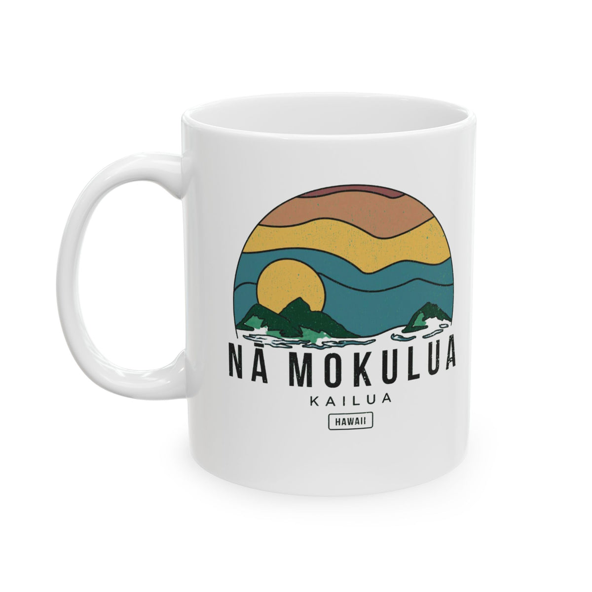 A white ceramic mug featuring a retro-style graphic of a sunset over mountains and waves, with the text 'NA MOKULUA KAILUA HAWAII' printed below.