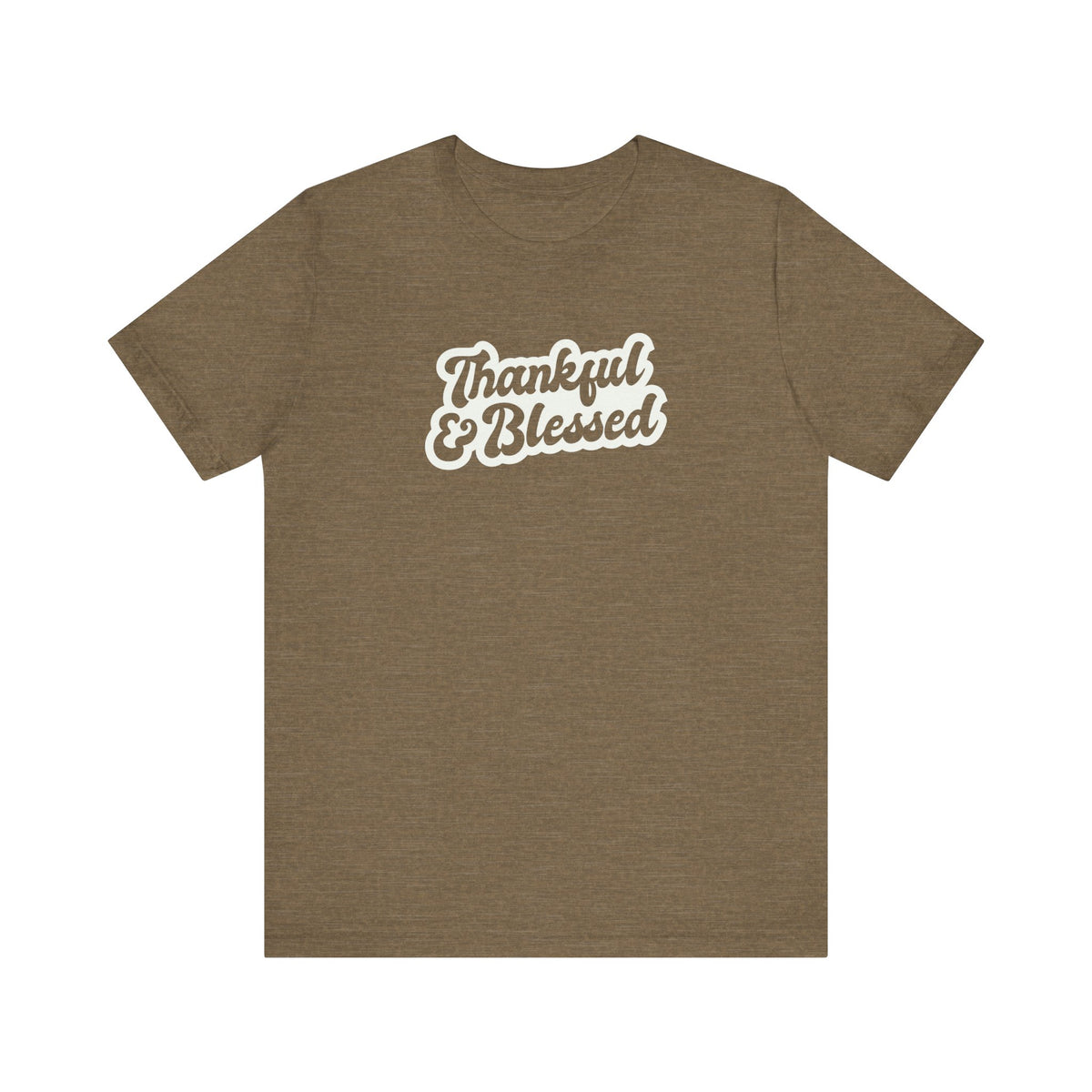 A heather olive short-sleeve t-shirt with a white graphic text print reading 'Thankful & Blessed' on the chest, displayed against a solid white background.