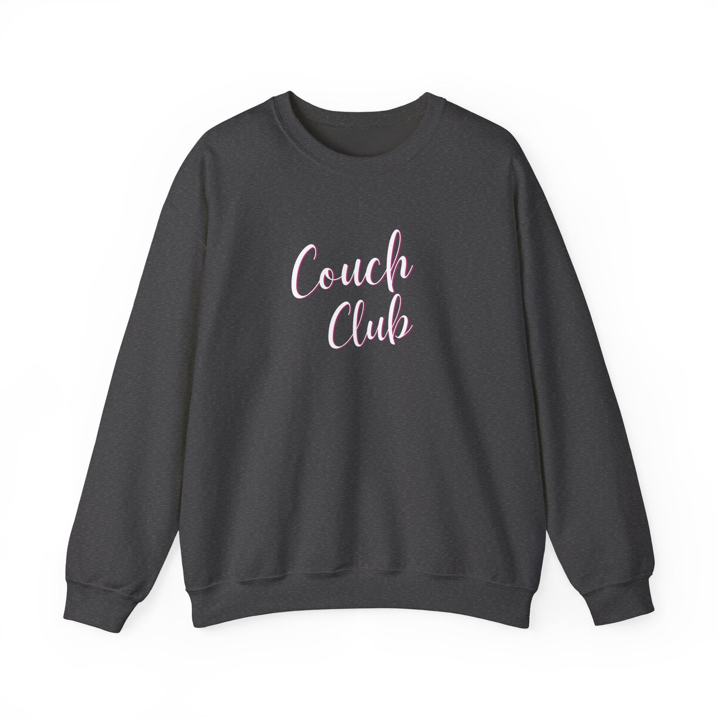 A dark gray crewneck sweatshirt featuring the words 'Couch Club' printed in a light pink cursive font on the chest, displayed against a solid white background.