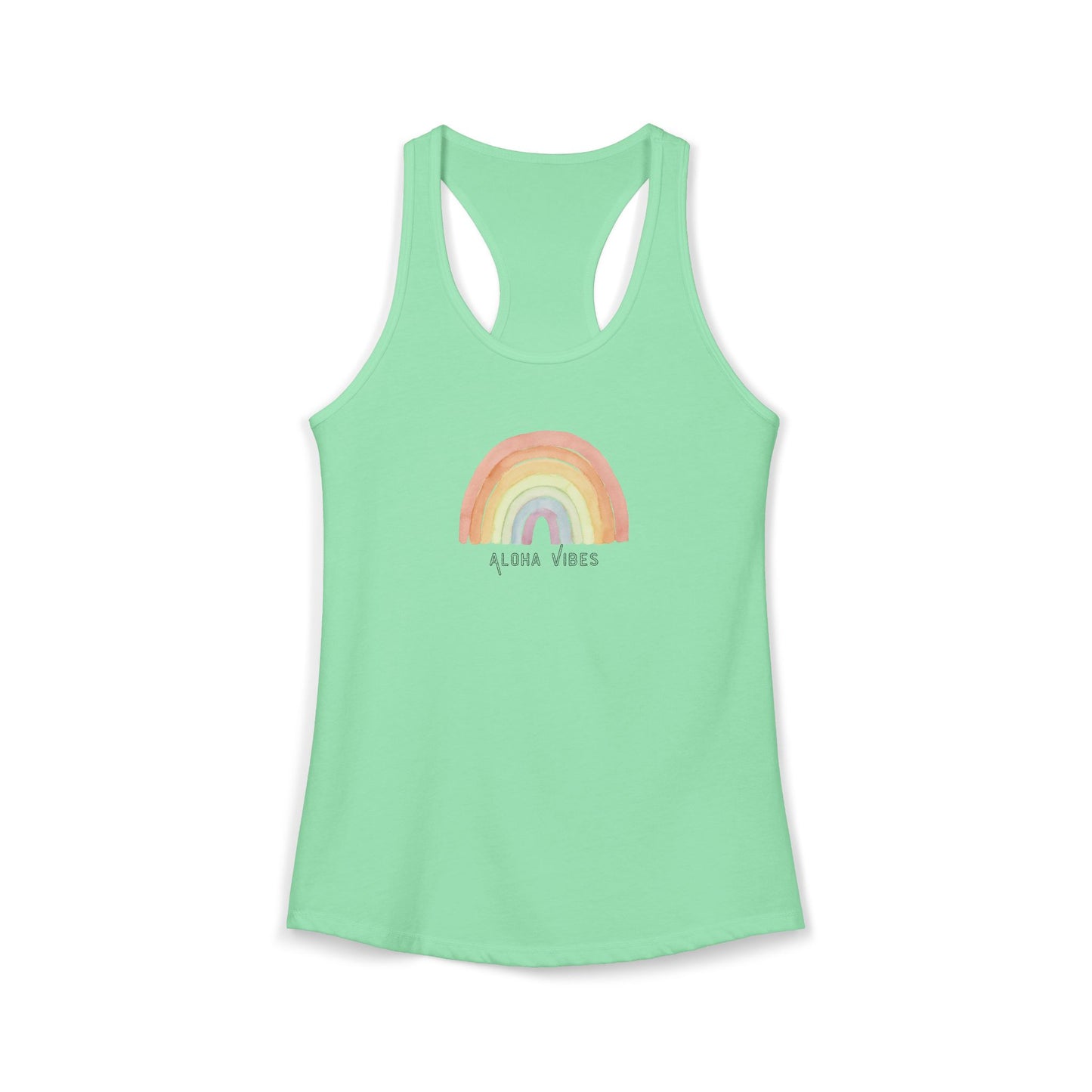 A mint green racerback tank top featuring a pastel rainbow graphic on the chest with the text 'ALOHA VIBES' underneath, displayed on a clean white background.