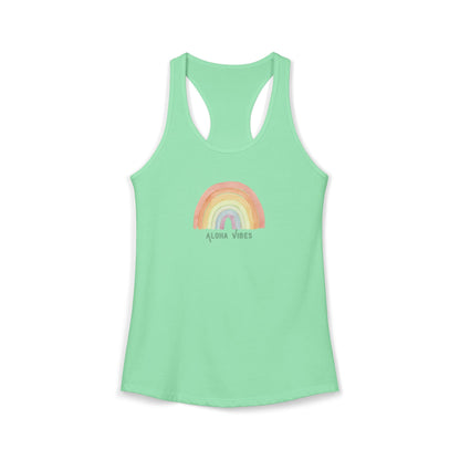 A mint green racerback tank top featuring a pastel rainbow graphic on the chest with the text 'ALOHA VIBES' underneath, displayed on a clean white background.