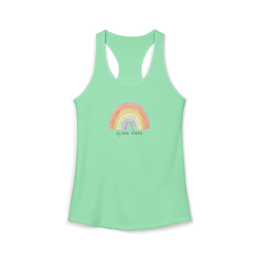 A mint green racerback tank top featuring a pastel rainbow graphic on the chest with the text 'ALOHA VIBES' underneath, displayed on a clean white background.