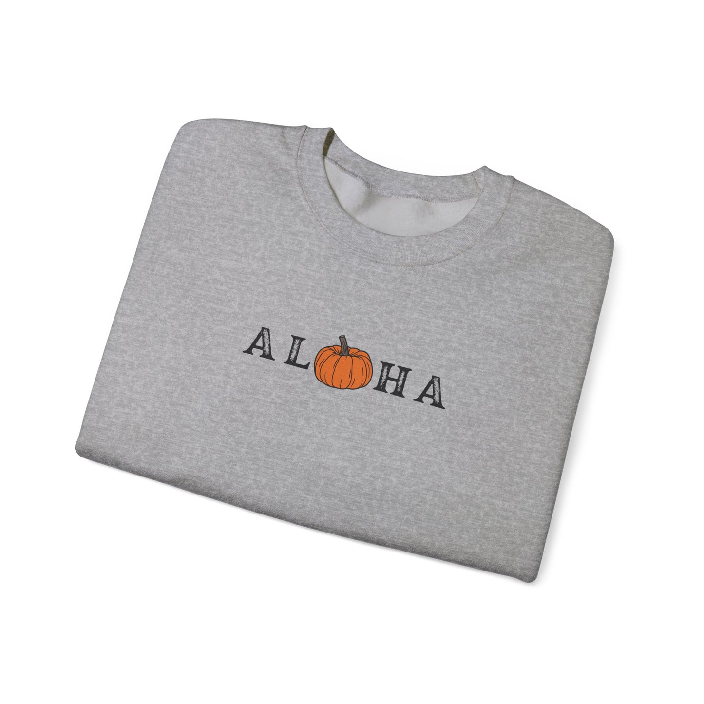 A folded heather gray crewneck sweatshirt featuring the word 'ALOHA' printed across the chest, with the letter 'O' replaced by a small orange pumpkin graphic, shown on a plain white background.