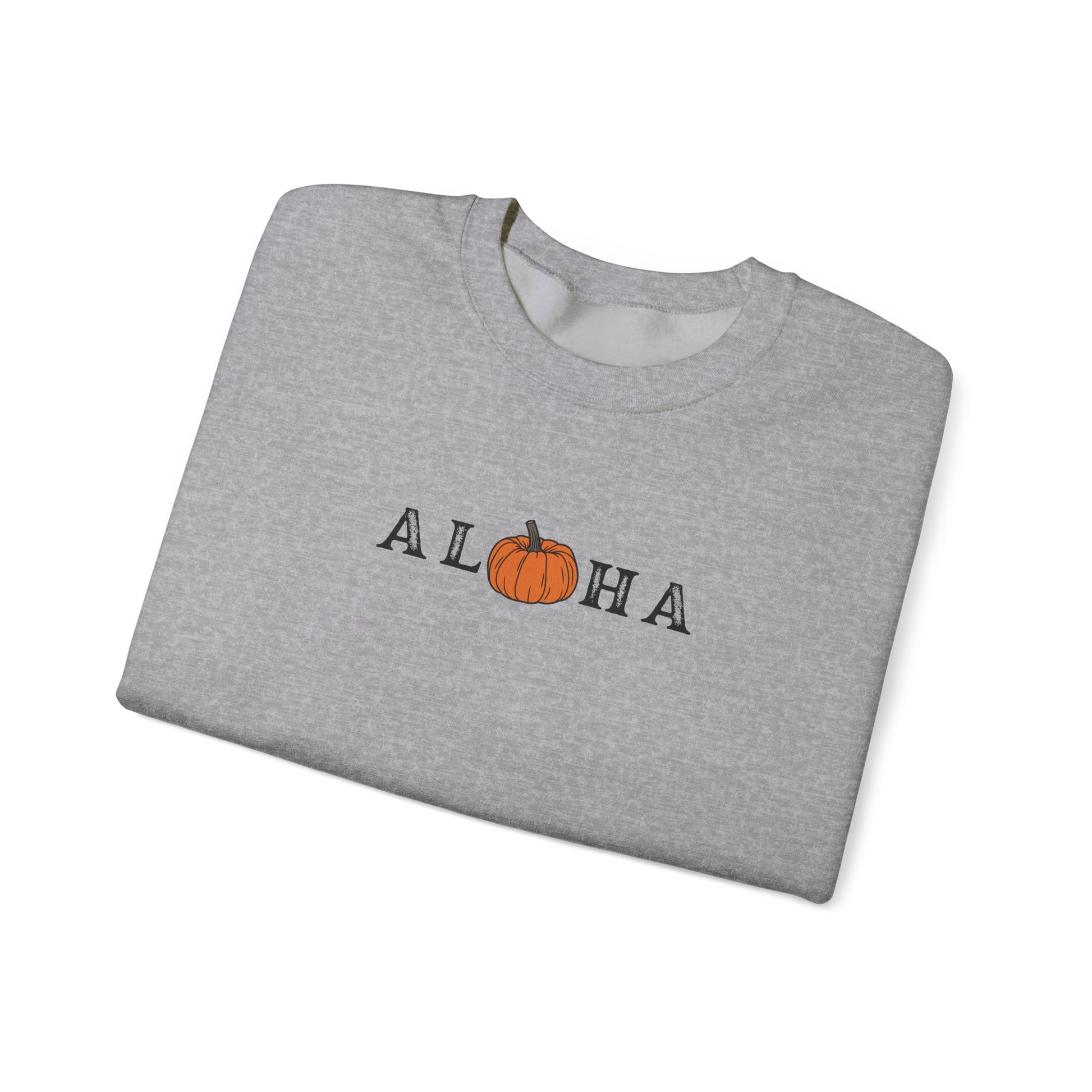A folded heather gray crewneck sweatshirt featuring the word 'ALOHA' printed across the chest, with the letter 'O' replaced by a small orange pumpkin graphic, shown on a plain white background.