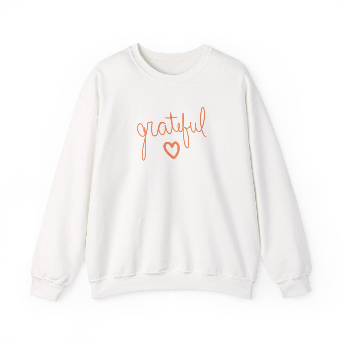 A white crewneck sweatshirt featuring the word 'grateful' in orange cursive script and a matching orange heart outline on the chest, displayed against a solid white background.