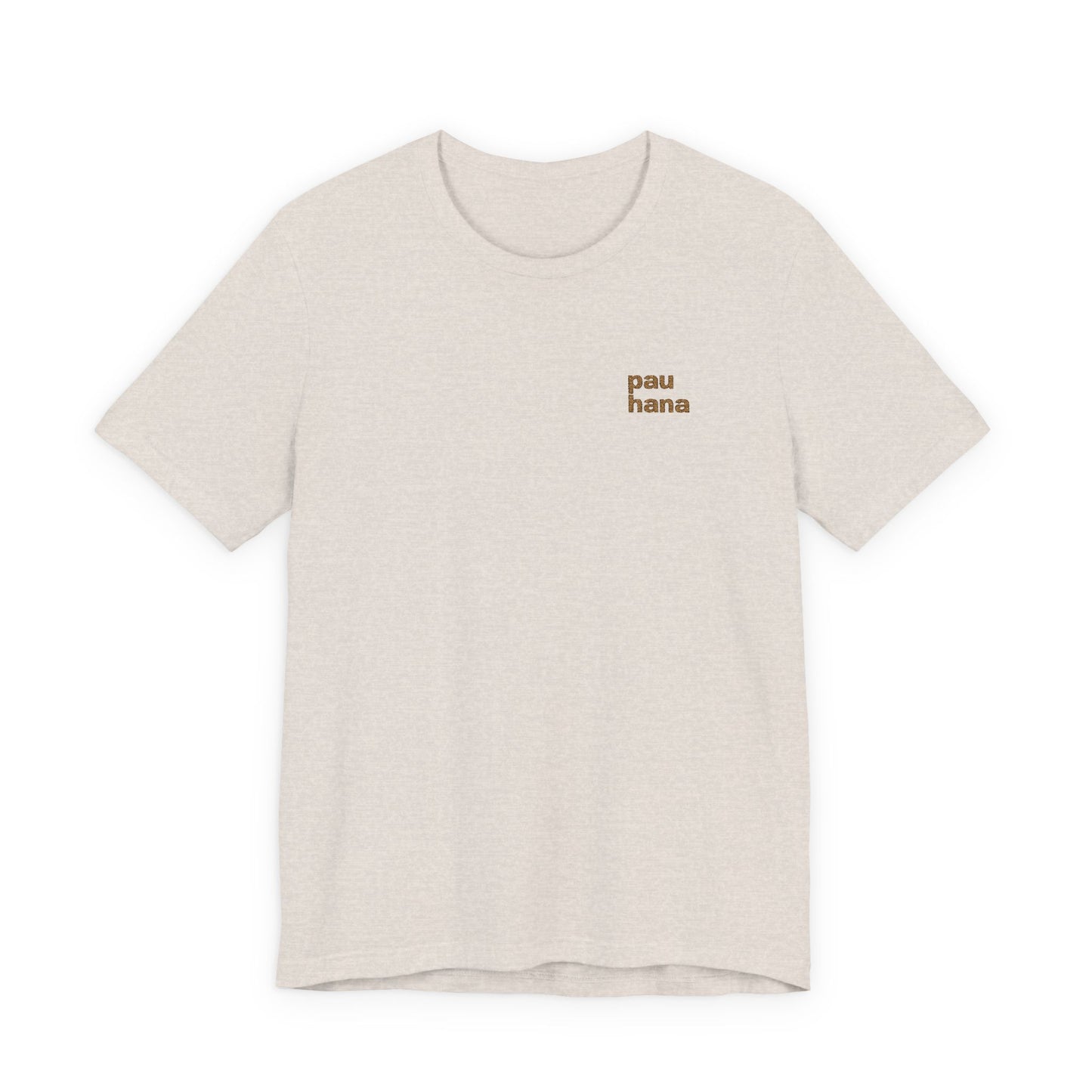 Beige t-shirt with text on a white background