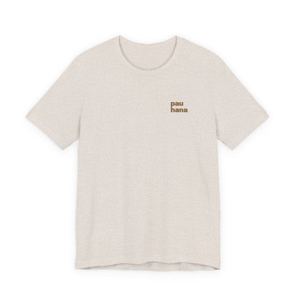 Beige t-shirt with text on a white background