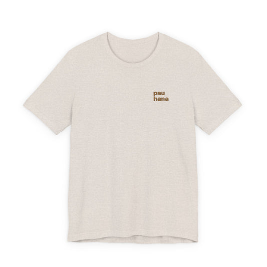Beige t-shirt with text on a white background