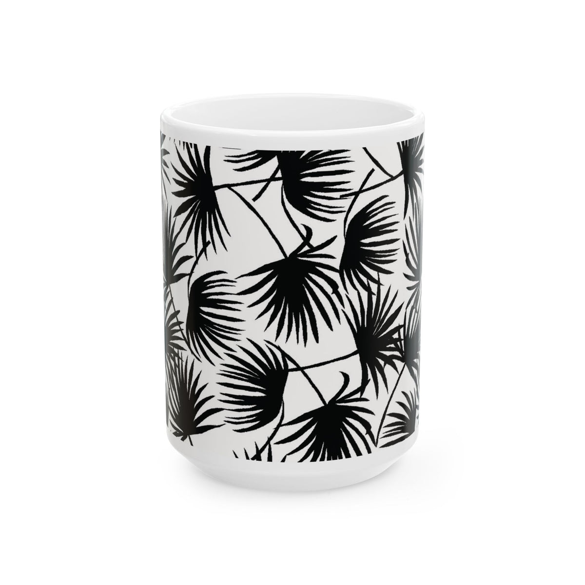 Palm Fan Black coffee mug with black and white tropical palm print by Global Village Kailua