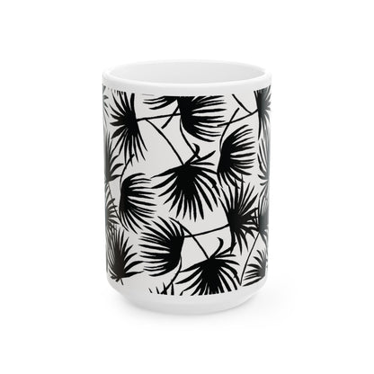 Palm Fan Black coffee mug with black and white tropical palm print by Global Village Kailua