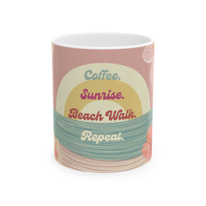 A ceramic coffee mug featuring a retro sunset graphic with the text 'Coffee. Sunrise.