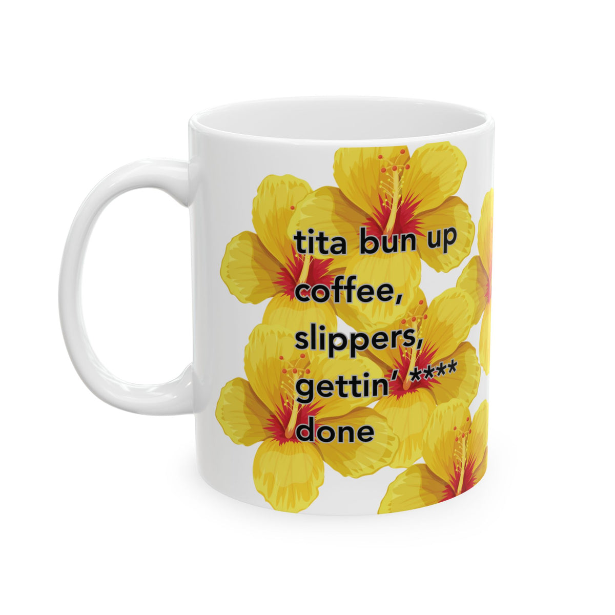 Tita Bun coffee mug with yellow hibiscus design by Global Village Kailua