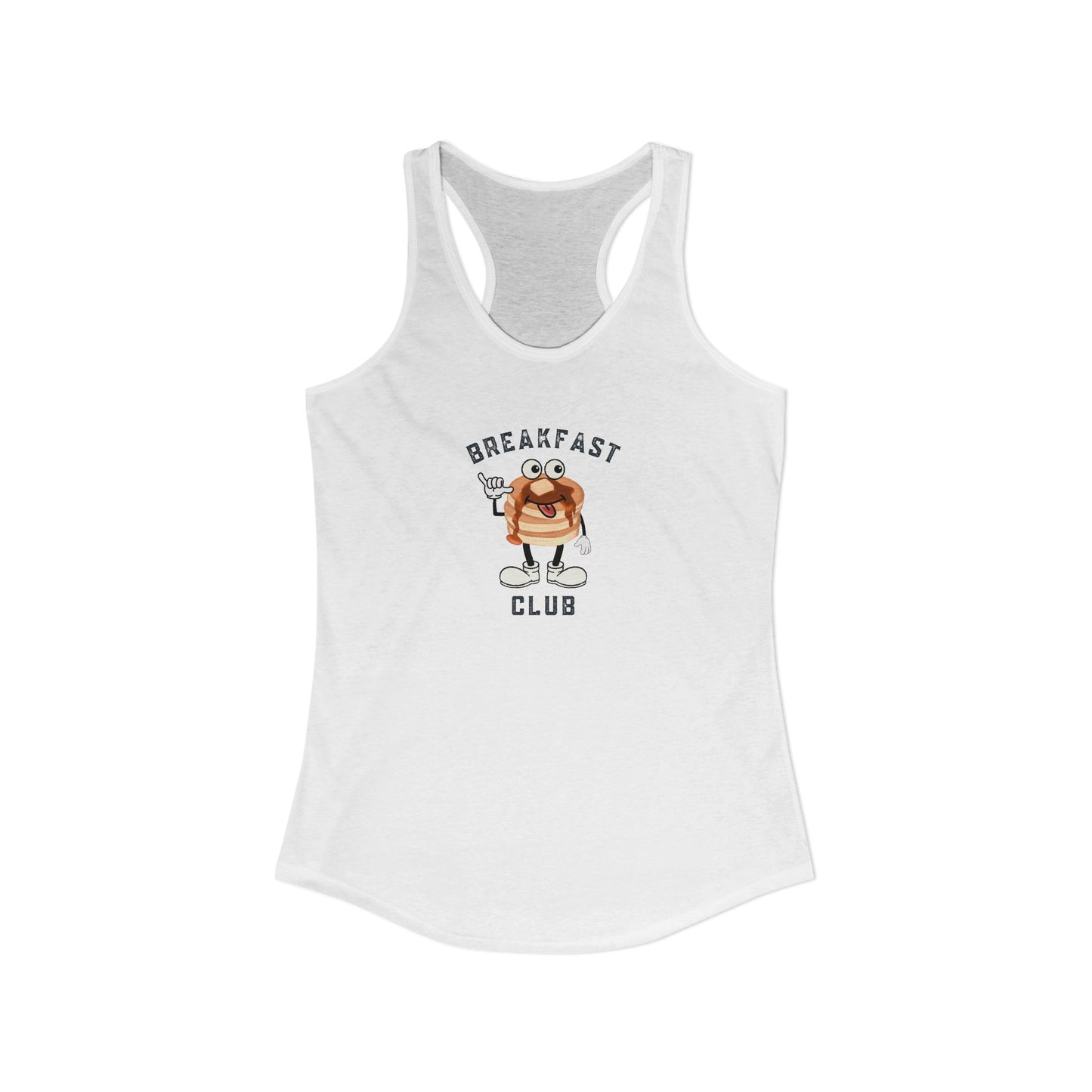 White tank top with cartoon pancake short stack image and 'Breakfast Club' text on a white background