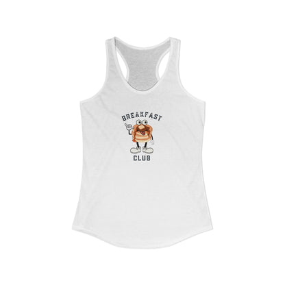 White tank top with cartoon pancake short stack image and 'Breakfast Club' text on a white background