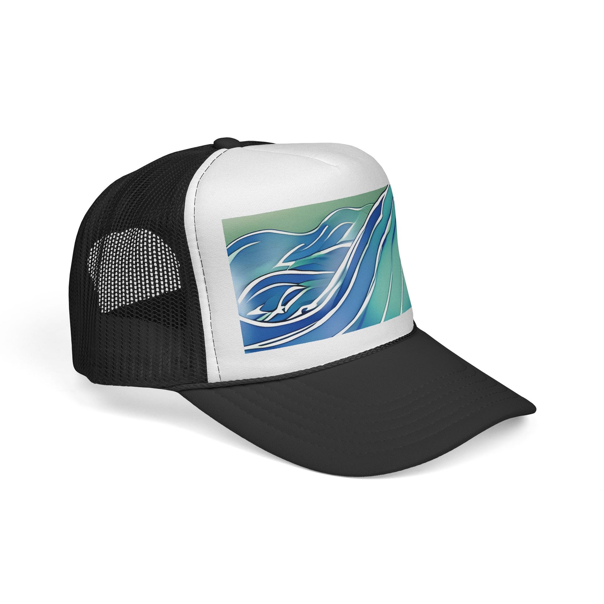 A black and white trucker hat featuring a graphic print of two stylized blue and green dolphins on the front panel, set against a plain white background.