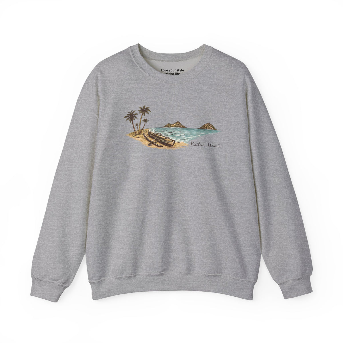 Full color hand-drawn Kailua canoe and Mokulua Islands unisex sweatshirt on sport grey