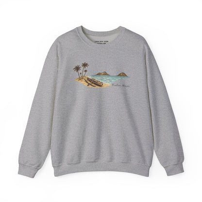 Full color hand-drawn Kailua canoe and Mokulua Islands unisex sweatshirt on sport grey