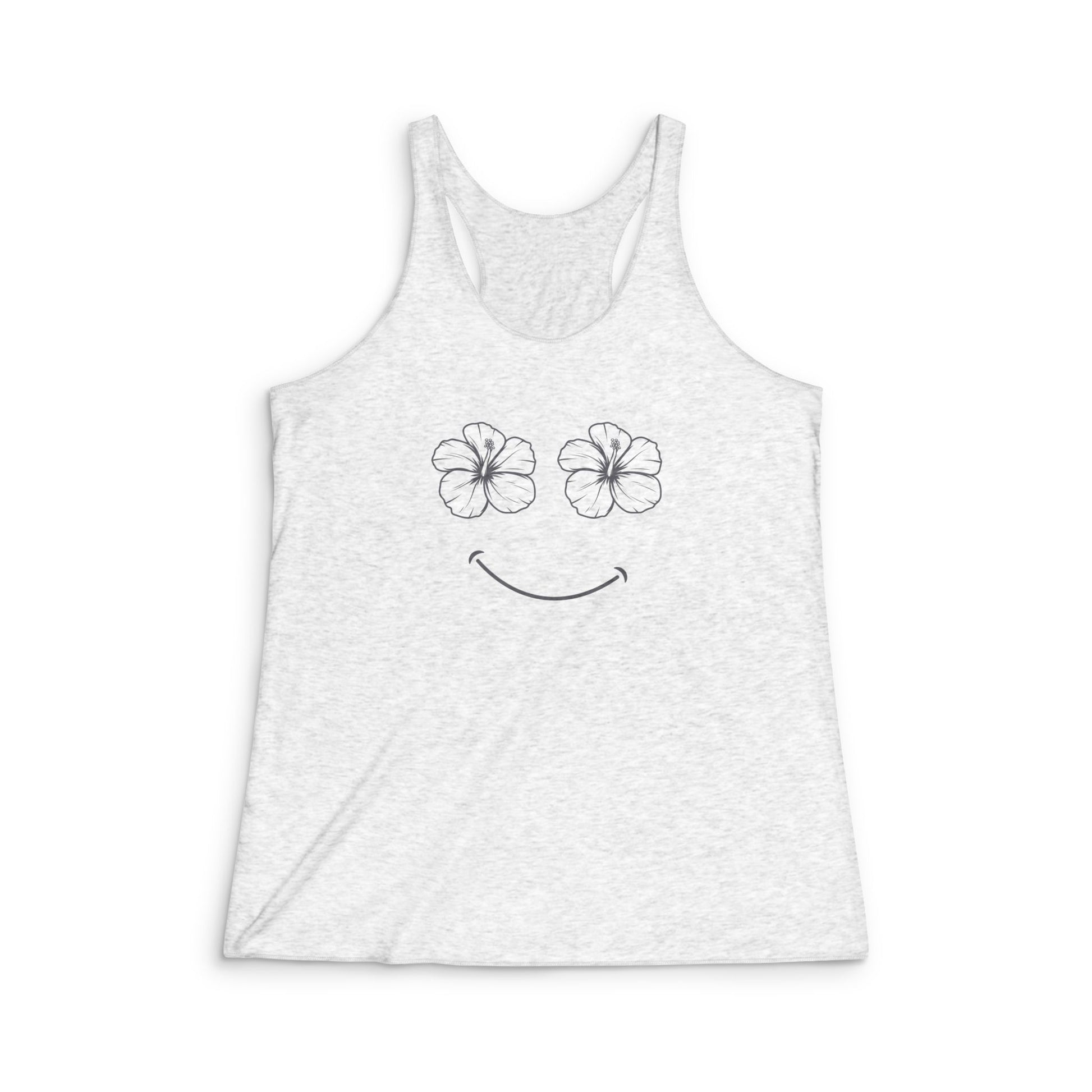 White tank top with hibiscus floral happy face designs on a white background