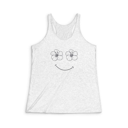 White tank top with hibiscus floral happy face designs on a white background
