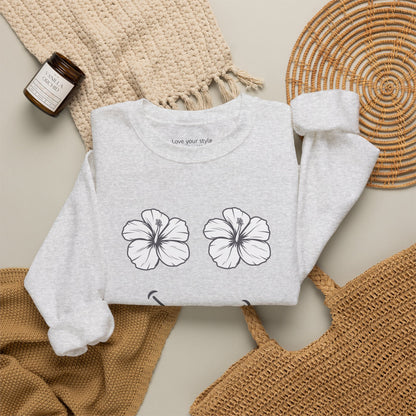 Grey folded Happy Hibiscus Sweatshirt featuring a cheerful hibiscus flower smile design inspired by island life and aloha style.