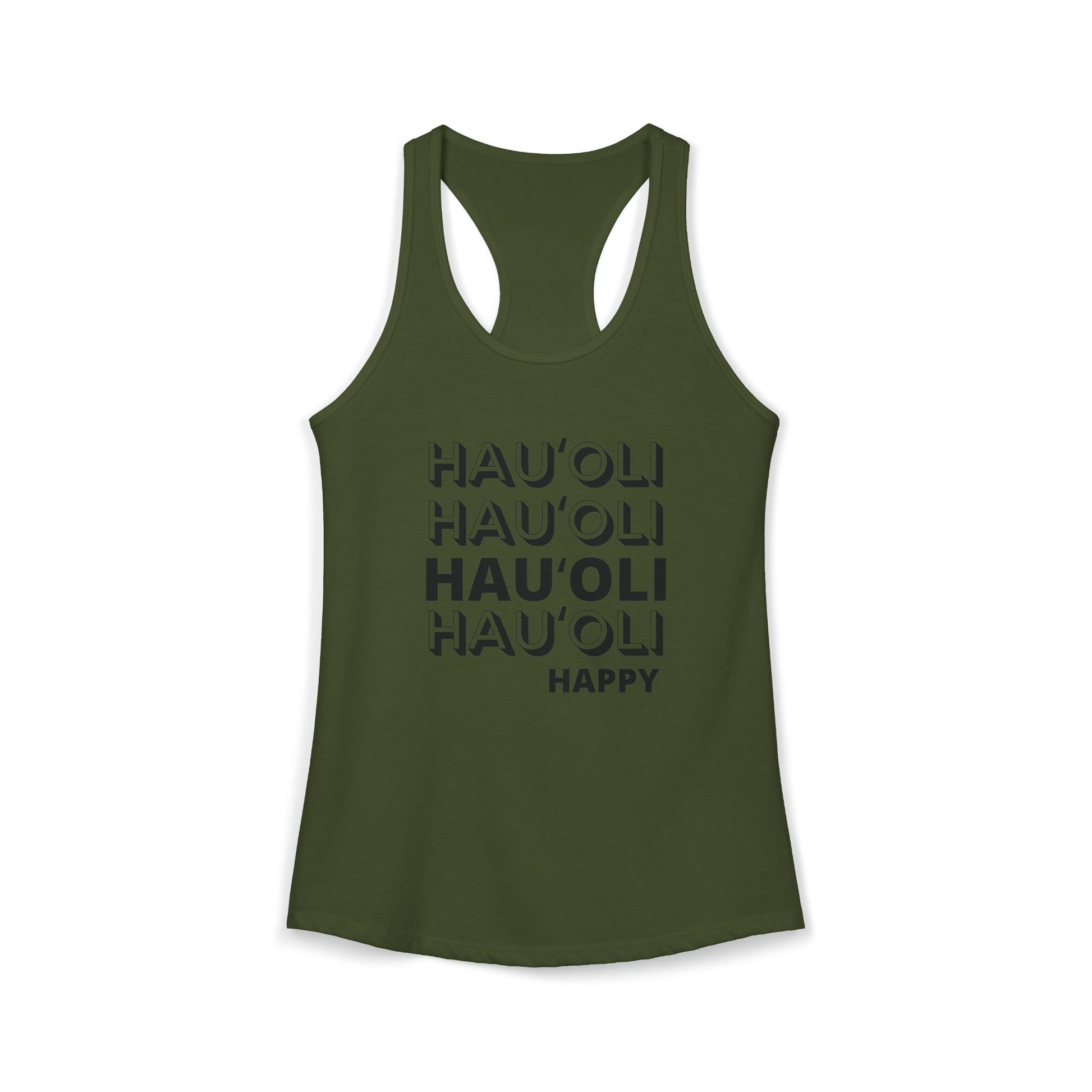 Olive green tank top with 'HAU'OLI HAU'OLI HAU'OLI HAU'OLI HAPPY' text on a white background