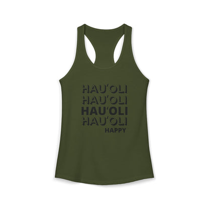 Olive green tank top with 'HAU'OLI HAU'OLI HAU'OLI HAU'OLI HAPPY' text on a white background