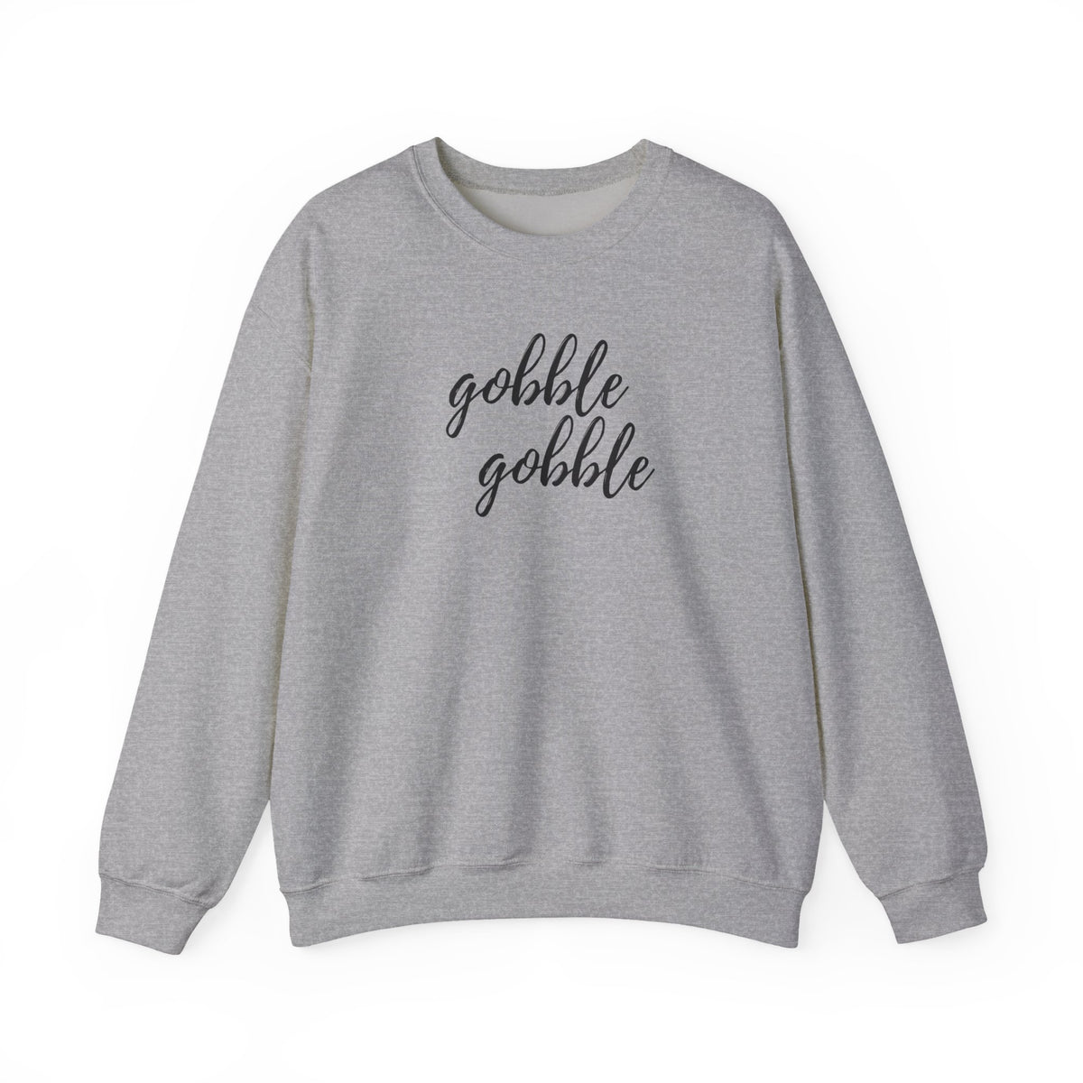 A sport grey crewneck sweatshirt with the words 'gobble gobble' printed in black cursive text across the chest, displayed on a clean white 