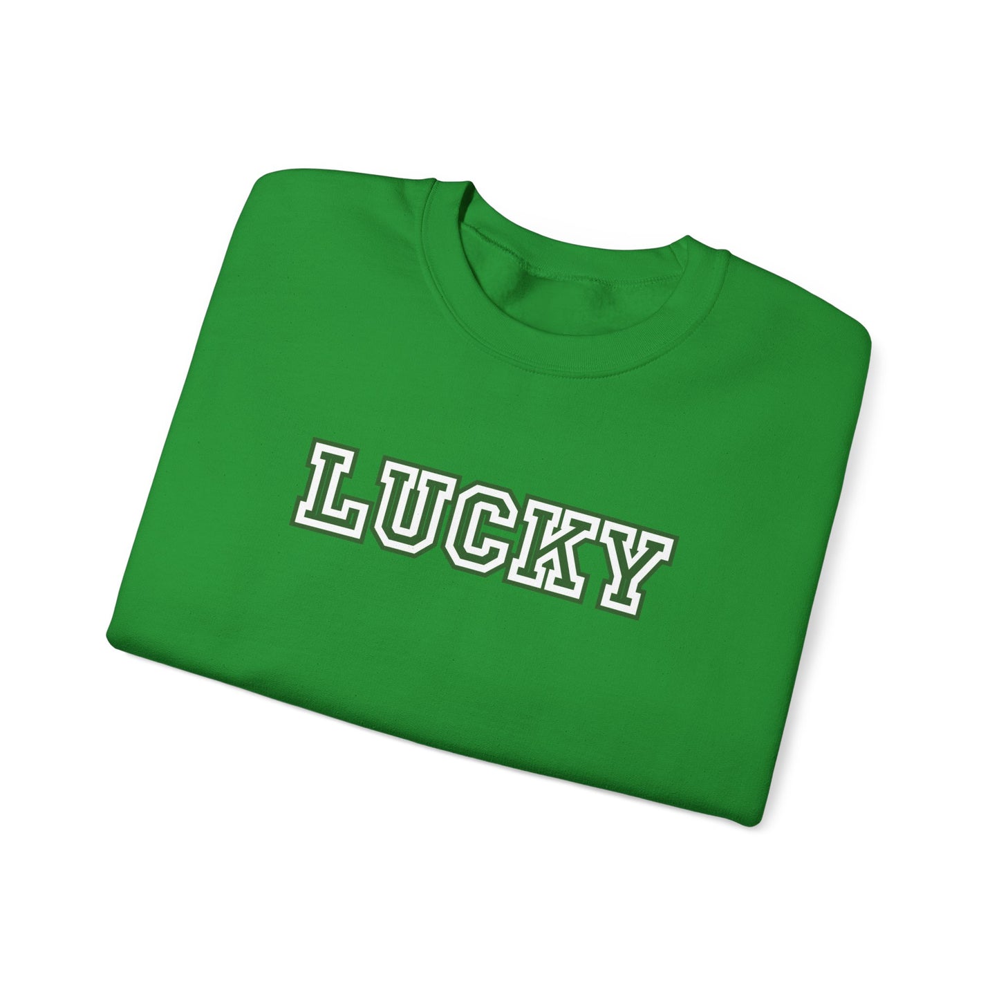 Green sweatshirt with 'LUCKY' printed on it against a white background