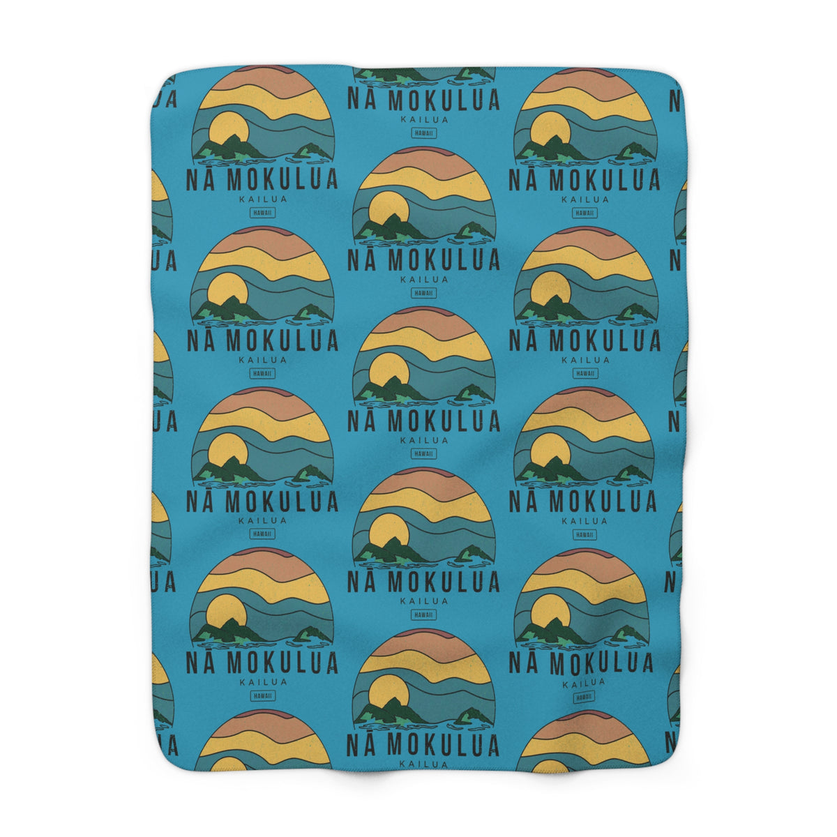 Nā Mokulua Kailua Hawaiʻi sherpa fleece blanket with colorful island print and plush cream backing
