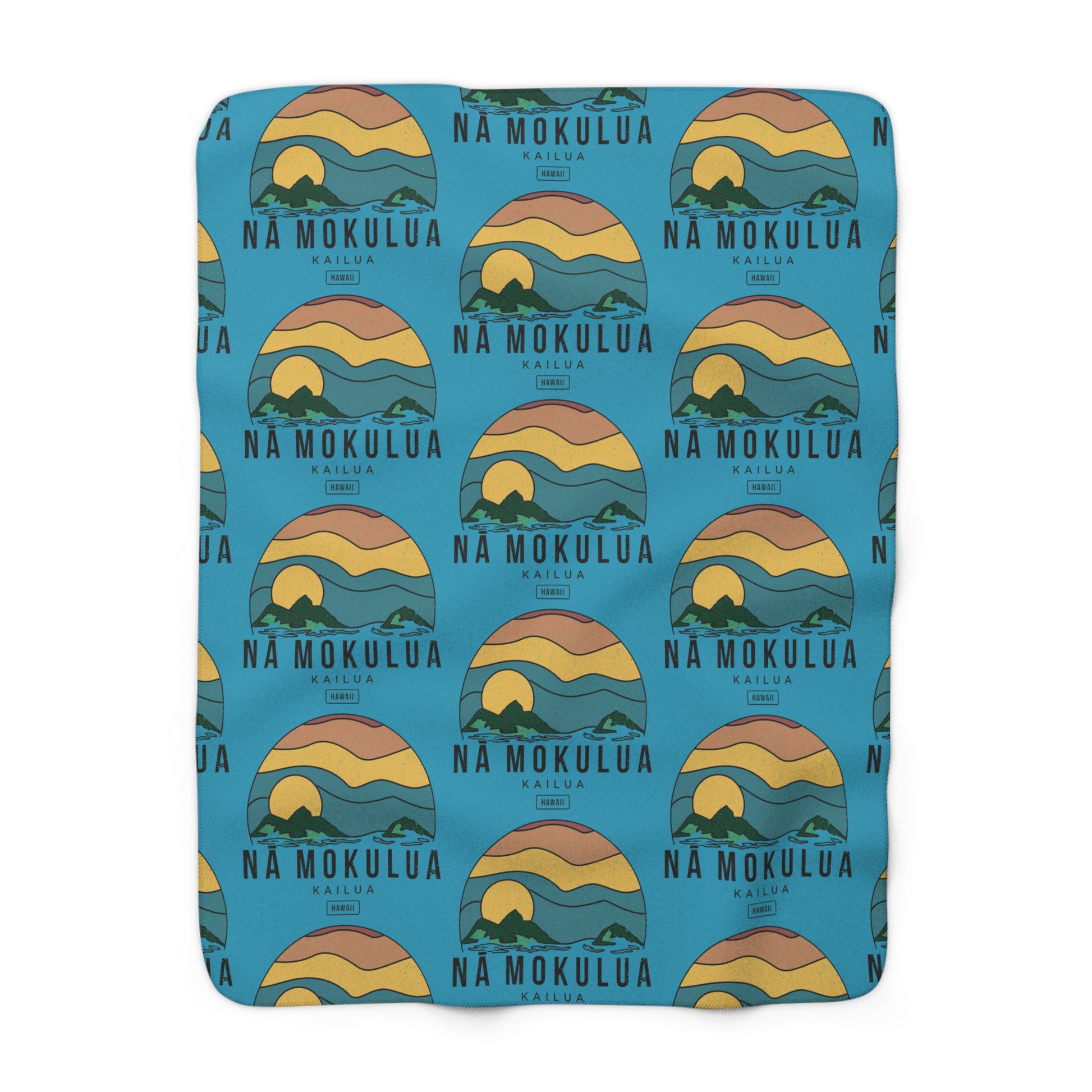 Nā Mokulua Kailua Hawaiʻi sherpa fleece blanket with colorful island print and plush cream backing