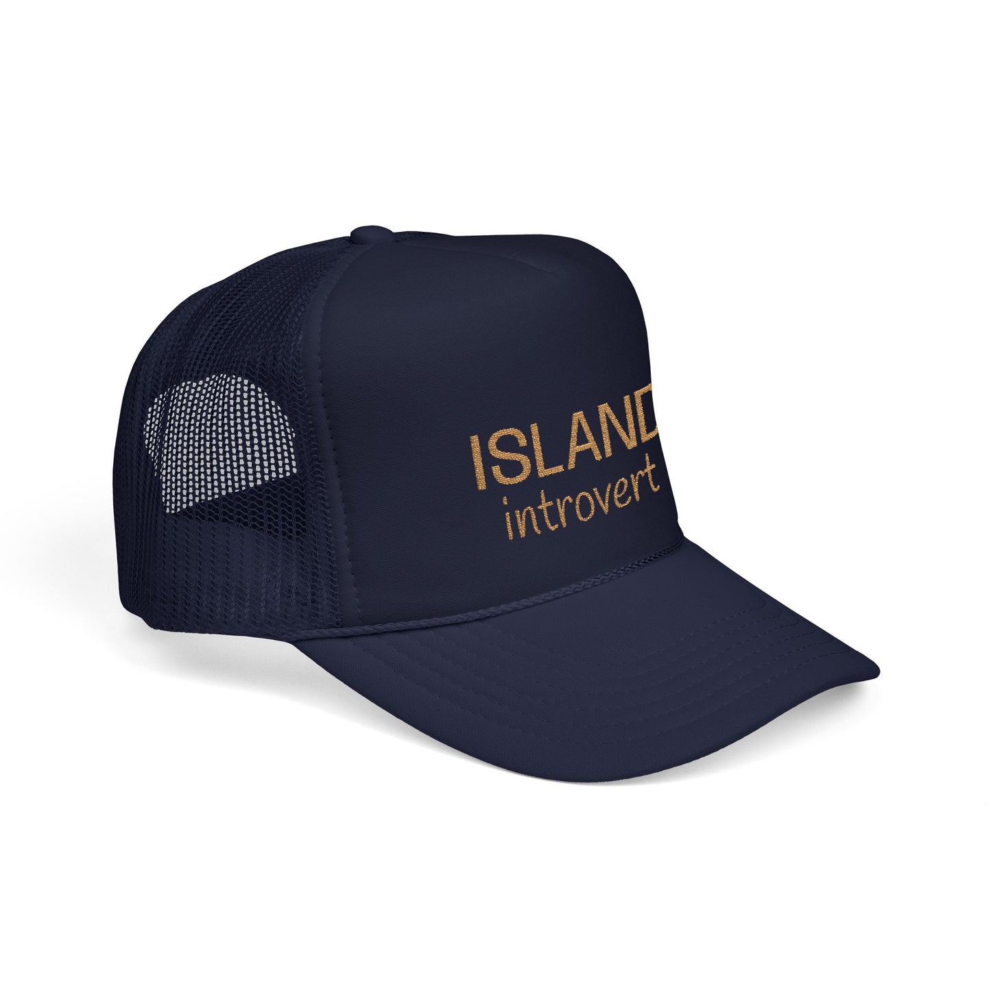 Navy trucker hat with tan embroidery 'island introvert'