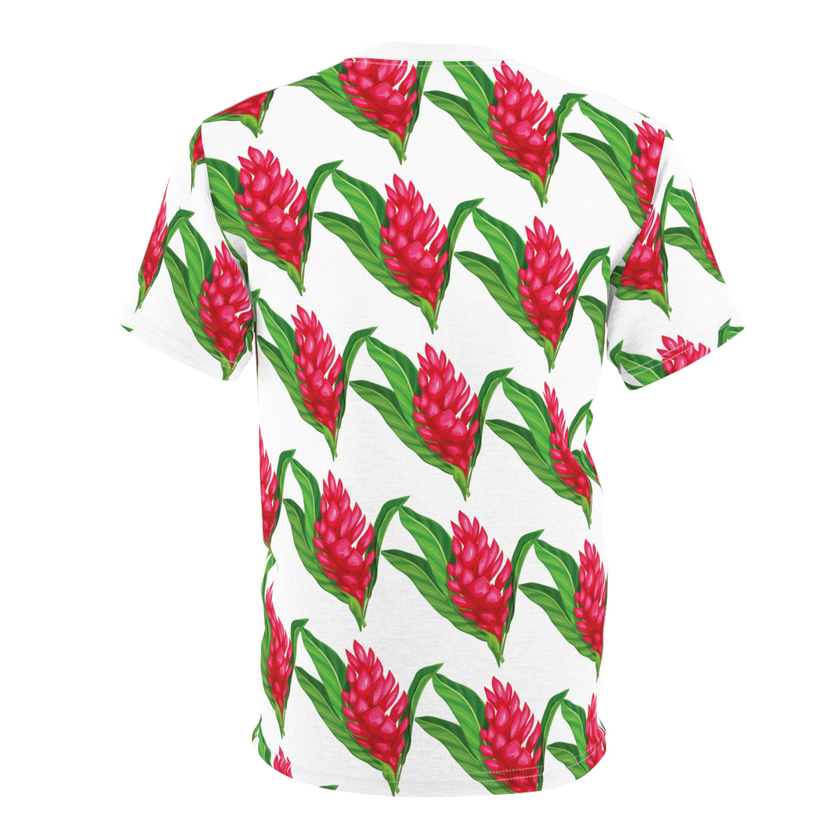 White tropical all-over print tee with bright red ginger flowers and green leaves