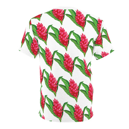 White tropical all-over print tee with bright red ginger flowers and green leaves