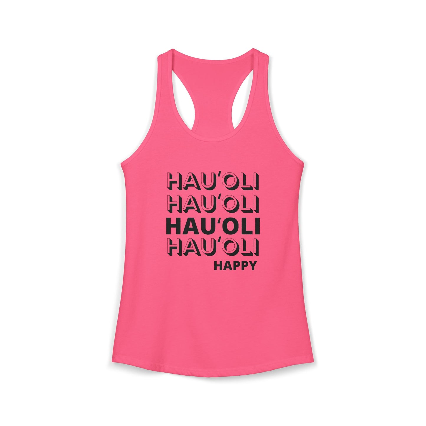 Pink tank top with black ʻHauʻoli Happyʻ text on a white background