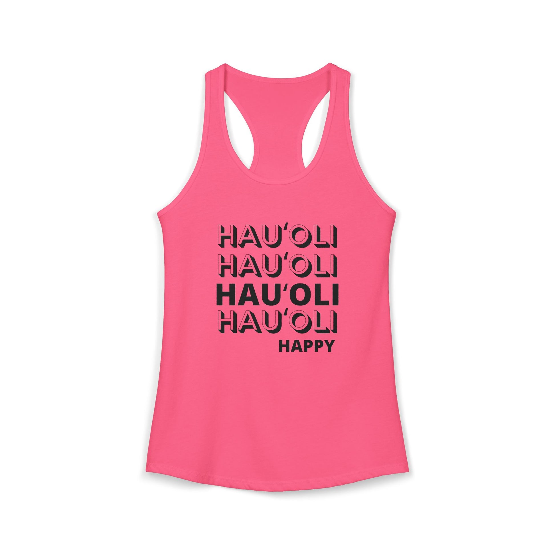 Pink tank top with black ʻHauʻoli Happyʻ text on a white background