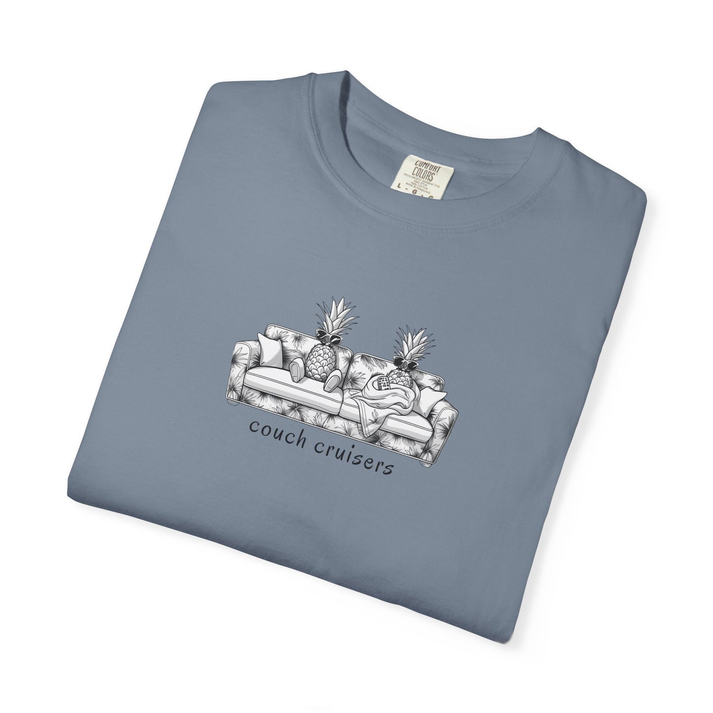 Folded Couch Cruisers graphic Comfort Colors tee in blue with pineapple couch design
