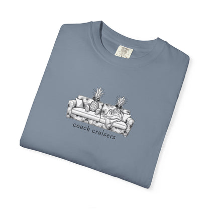 Folded Couch Cruisers graphic Comfort Colors tee in blue with pineapple couch design