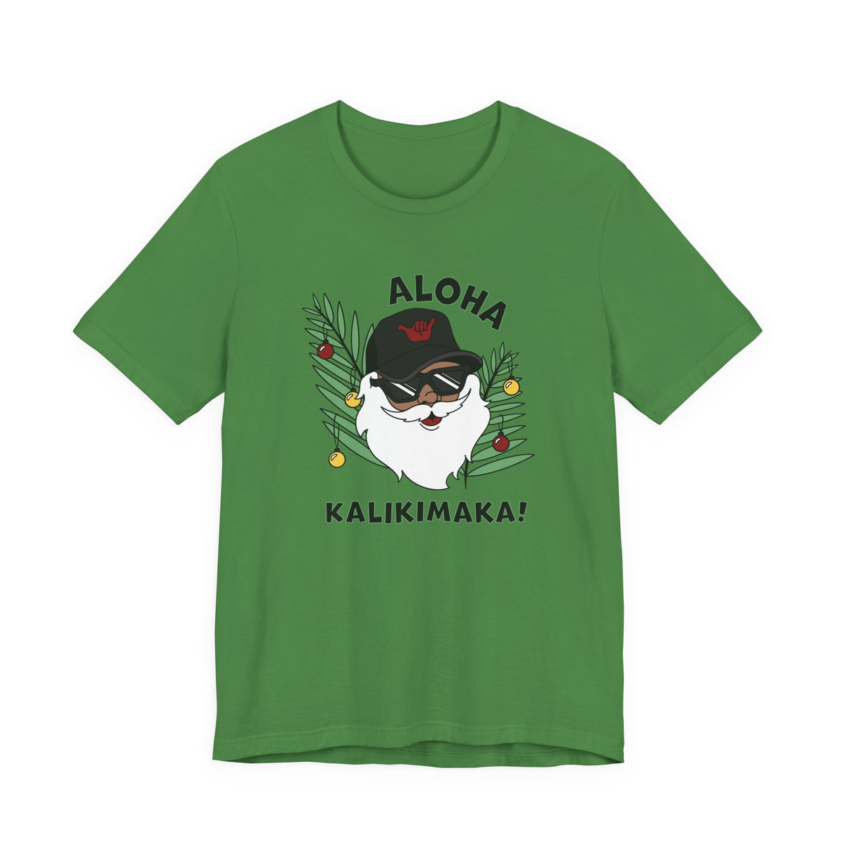 Leaf Green Santa Kalikimaka unisex T-shirt with hand-drawn Santa wearing sunglasses and throwing a shaka surrounded by tropical palm leaves.