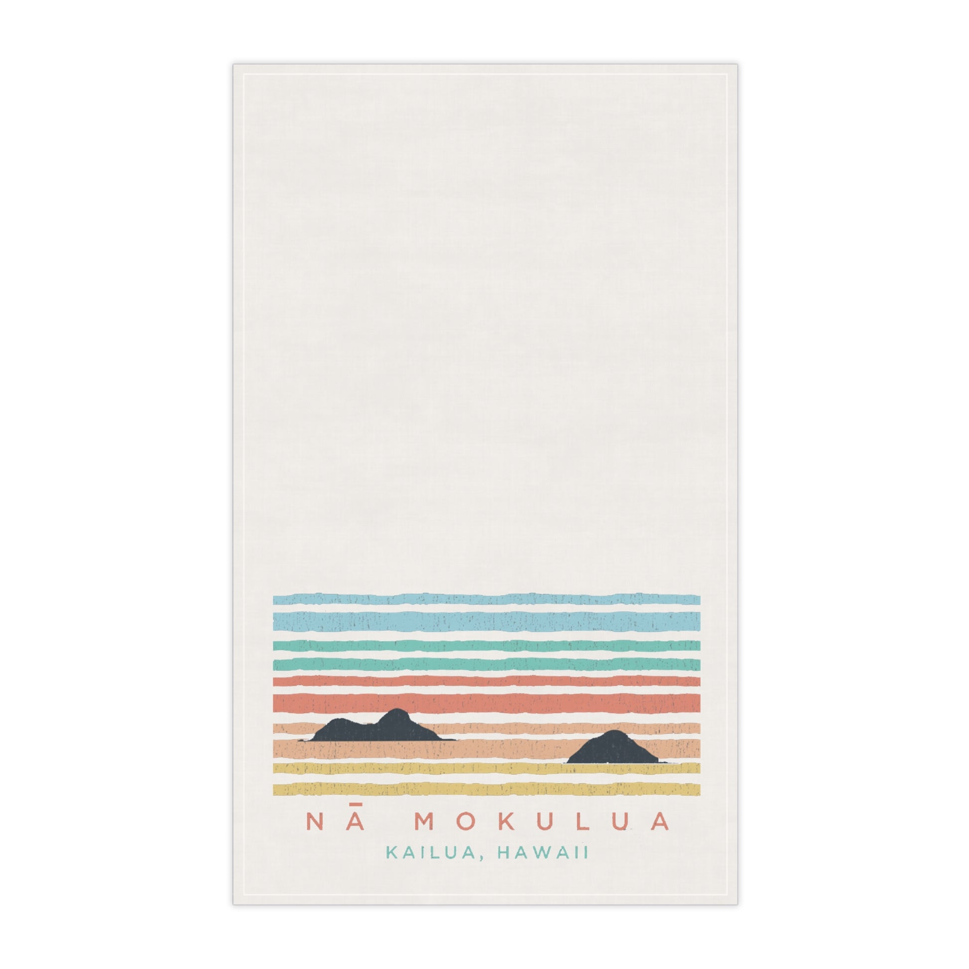 An off-white rectangular towel featuring a retro-style sunset illustration with horizontal stripes in blue, green, coral, and yellow, along with two dark mountain silhouettes and the text 'NĂ MOKULUA KAILUA, HAWAII' at the bottom.