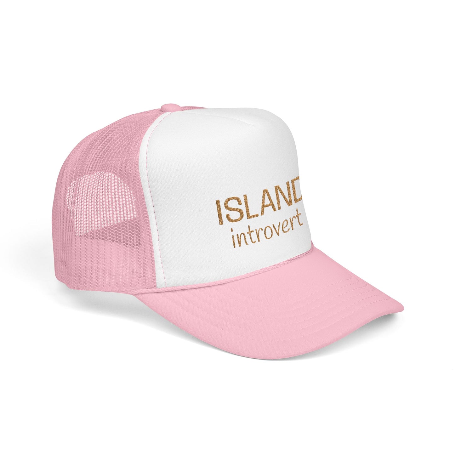 A pink and white trucker hat with gold text reading 'ISLAND introvert' on the front panel, shown on a clean white background.